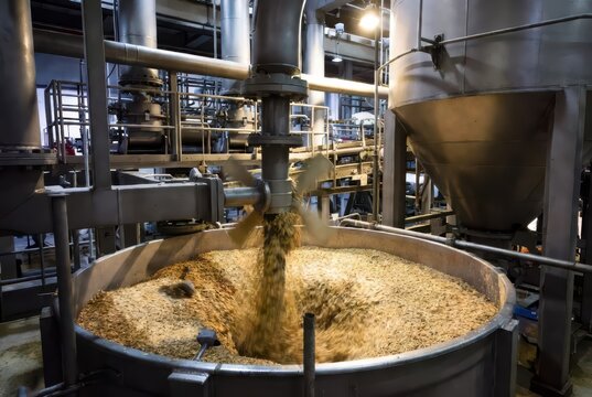 Industrial brewery mash tun with grain being mixed by rotating paddle, close-up view
