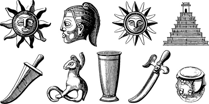 Vintage engraved aztec sun stone patterns ceremonial masks weapons and figurative elements sheet for cultural background and poster design
