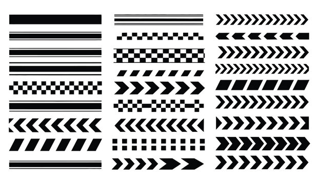 Black racing stripes with checkered pattern arrow designs, vector illustration set for racing themes, speed motion graphics, automotive decals, motorsport branding, and dynamic directional signage.

