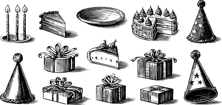 Vintage engraved clipart sheet of birthday cake slices candles gifts and party hats for printable celebration design and festive background elements