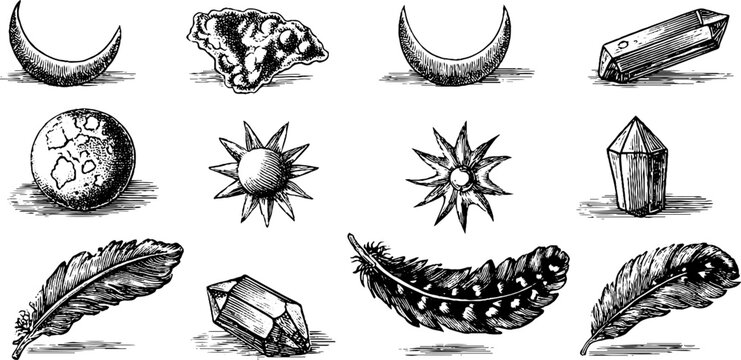 Vintage engraved celestial and crystal art sheet with moons stars feathers and crystals for boho design background and tattoo elements