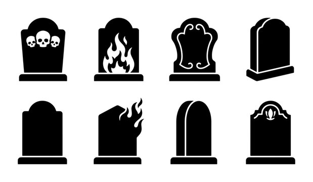 Spooky Halloween gravestone icons set, black tombstone silhouettes with skulls and flames, 8 cemetery headstone vector elements for gothic design