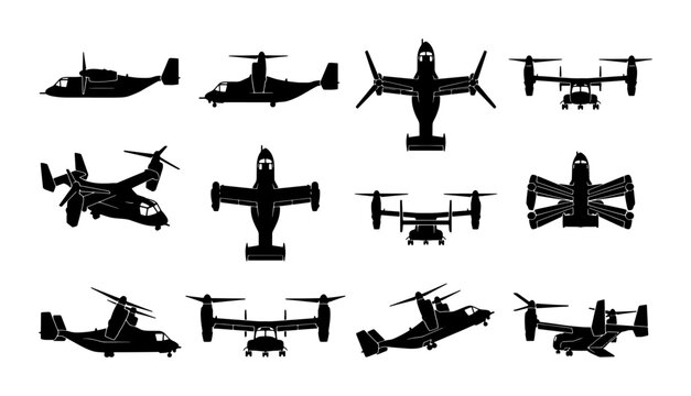 Military tiltrotor aircraft silhouettes, set of 12 v-22 osprey style transport plane icons, black vector aviation graphics for tactical design