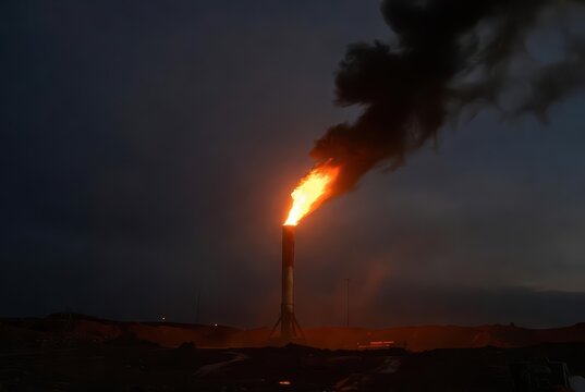 Industrial flare stack burning gas at dusk with dark smoke against a moody sky