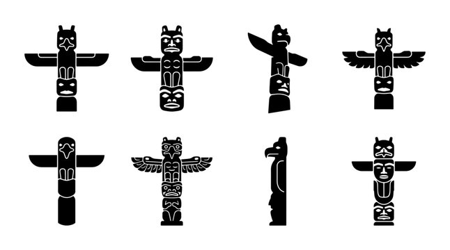 Indigenous totem pole icons set, traditional tribal wood carving silhouettes, 8 native american cultural symbols, black and white vector illustrations