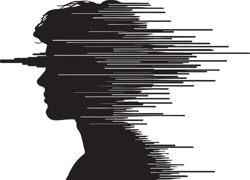 Glitchy human head silhouette, distorted profile, digital error effect, black and white