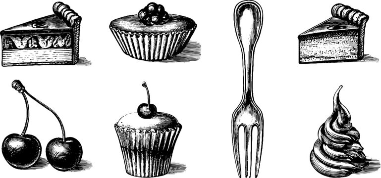 Vintage engraved dessert and pastry clipart sheet with cake cupcake cherries fork and cream for menu background and bakery design elements
