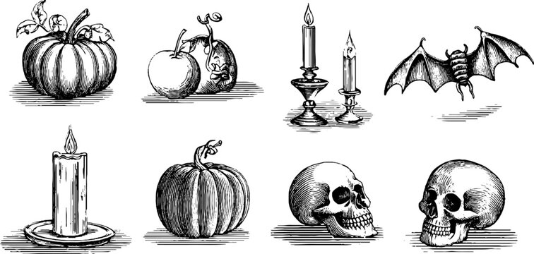 Vintage engraved halloween clipart sheet featuring pumpkins apples bats skulls and candles for holiday poster and background design