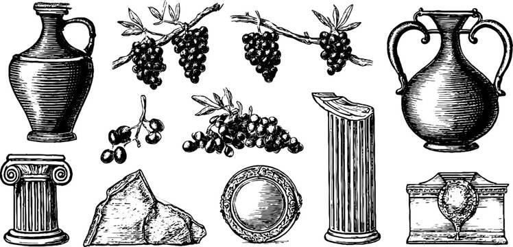 Vintage engraved italian amphorae and grape bunch clipart sheet with columns stones and medallion for design and pattern use