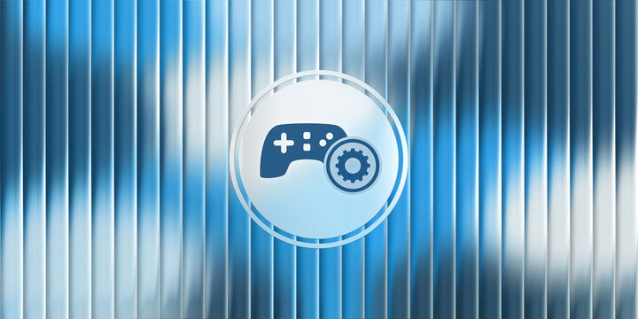 Abstract glassmorphism icon representing video game settings and configuration options with a stylized controller and gear symbol on a modern vertical metallic blue background