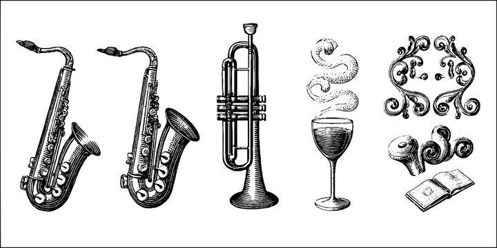 Vintage engraved jazz saxophones trumpet wine glass smoke and ornamental music elements sheet for poster background and branding design