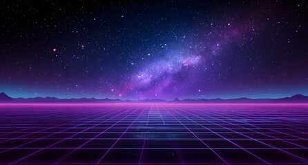 Fototapeta premium Retro synthwave background with glowing grid and starry sky, abstract futuristic landscape featuring neon mountain silhouettes and vibrant light effect