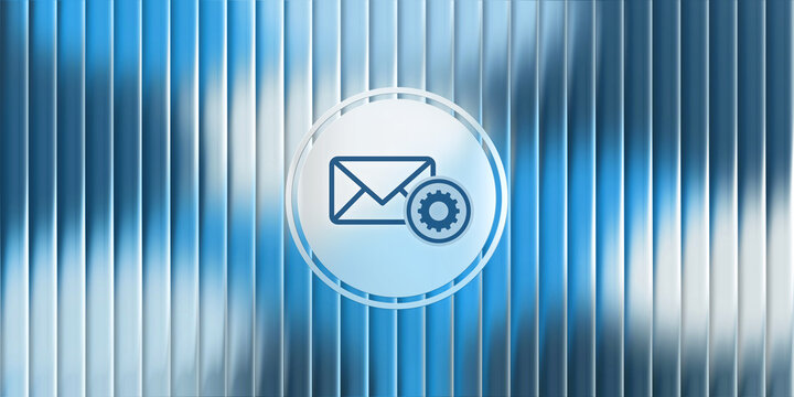 Email settings icon with a gear and envelope symbol on a sleek glass morphism background for digital communication administration and corporate mailing system configuration