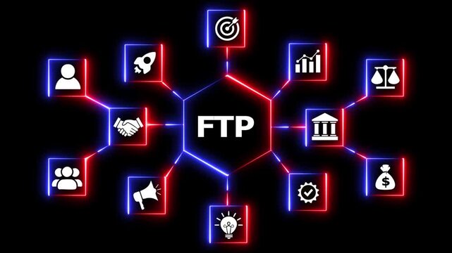 Digital network connections with business icons and FTP text.