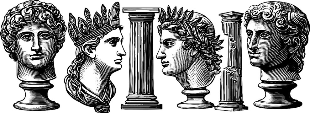 Vintage engraved sheet of roman portrait busts and columns for classical banner and antique design background with laurel motifs