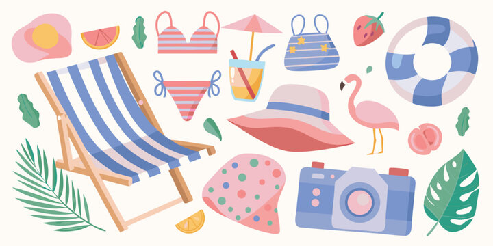 beach holiday accessories illustration with colorful items