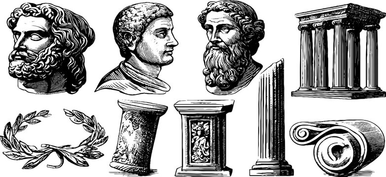 Vintage engraved collection of roman heads, columns and laurel wreaths for antique design backgrounds, poster banners and historical decor