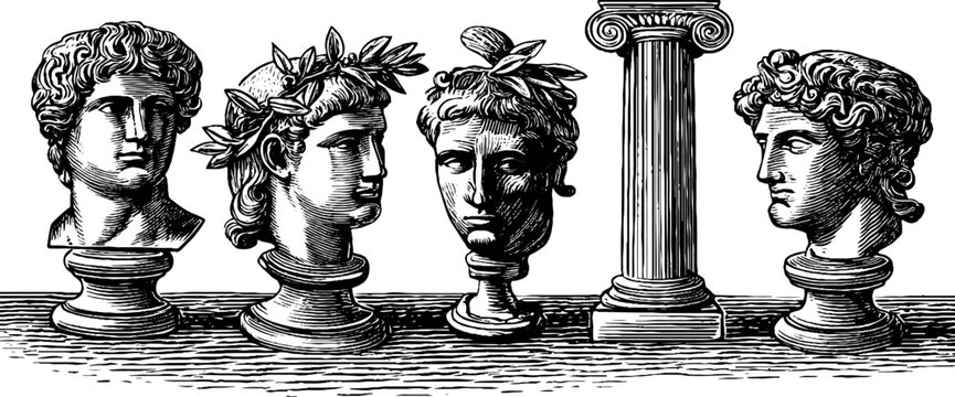 Vintage engraved display of roman head busts and architectural columns for historical background and poster design with marble texture