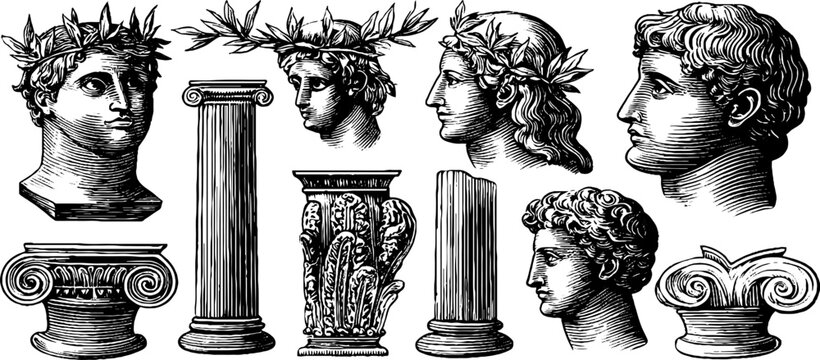 Vintage engraved roman head and classical column clipart sheet with laurel wreaths and carved capitals for classical design, poster, printable background and restoration themed craft projects
