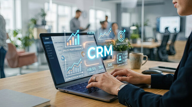 A professional analyzes CRM data on a laptop, showcasing growth and performance metrics in a modern office setting.