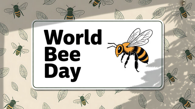 A colorful illustration of a bee on a world bee day sign with a leafy background and shadows