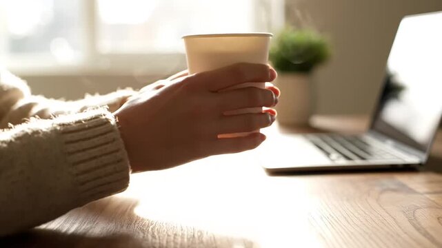 Close-up of person holding a warm beverage next to laptop on wooden desk