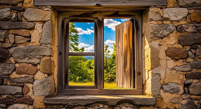 Rustic stone wall with an open wooden window showing a green landscape