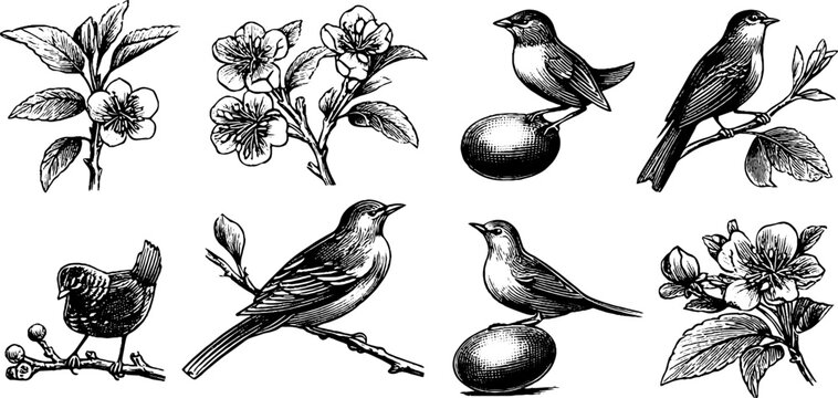 Vintage engraved spring botanical border elements with birds blossoms and eggs for decorative floral design and seamless decorative borders