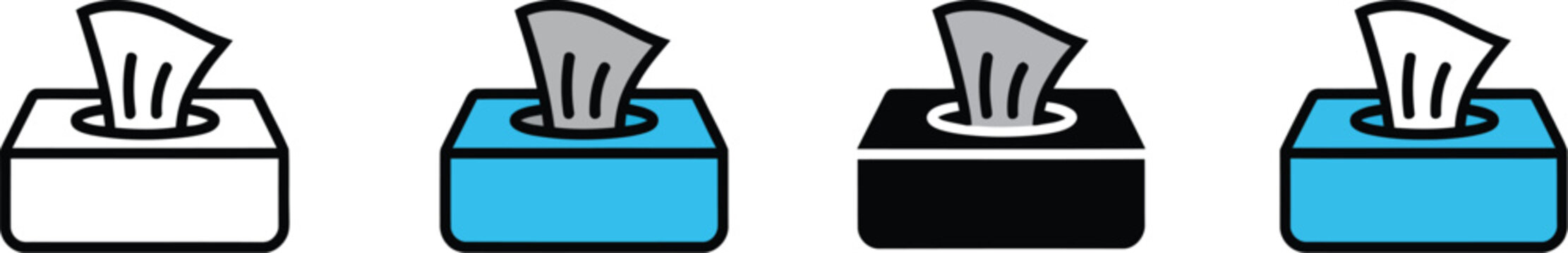 Tissue box and napkin dispenser icon set featuring facial tissue symbols for hygiene, sneezing relief, and household cleaning vector design