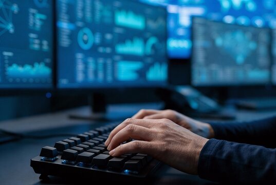 Close-up of a specialist typing in a dimly lit command center with blurred screens displaying data, illustrating technological defense and security. Modern corporate photo.