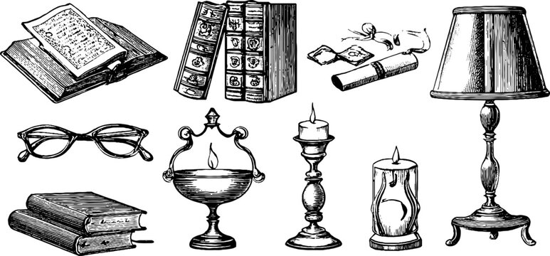 Vintage engraved study corner sheet with books glasses candles lamp and reading objects for design and decor