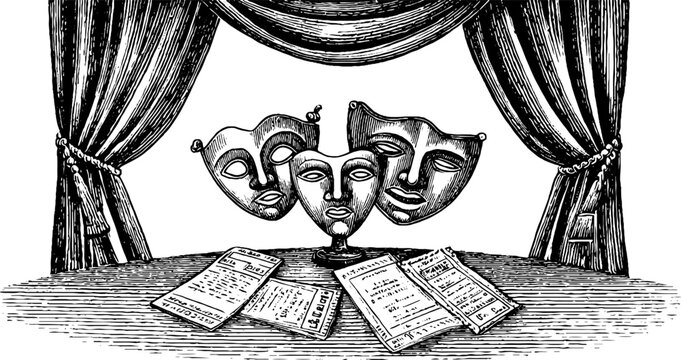 Vintage engraved theater masks and play scripts with stage curtains for drama banner and poster design