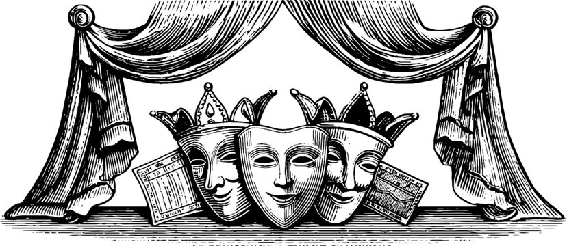 Engraved theater masks trio with crowns and playbills under stage curtains for drama poster and banner design