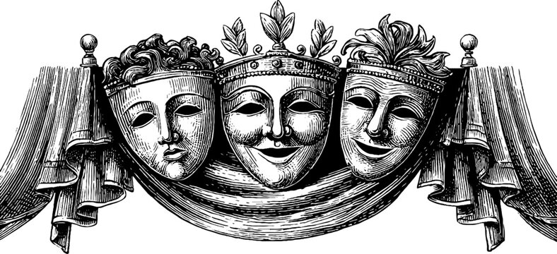 Vintage engraved trio of theatrical masks with draped curtain and crown ornament for classical banner background and stage design
