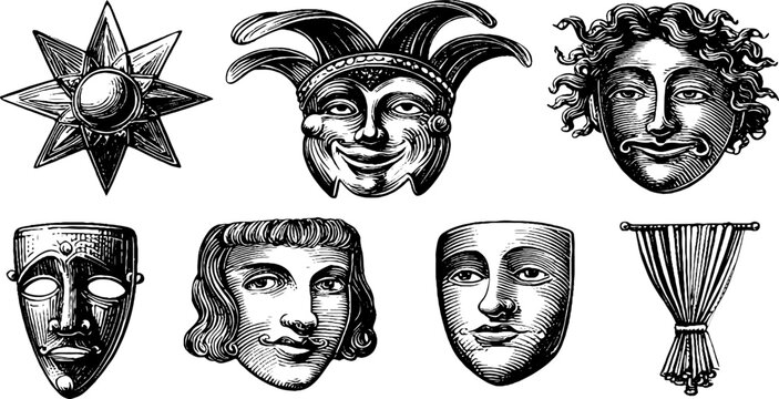 Vintage engraved theatrical faces and masks collection including sun jester and curtain tassel for stage decor and design