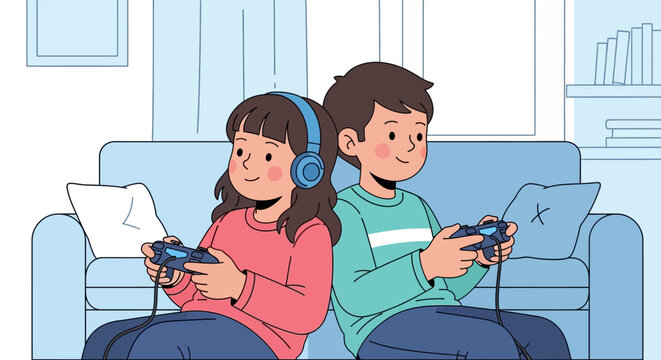 children playing video games on couch with controllers and headset