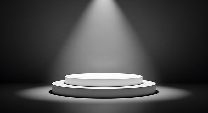 White circular podium illuminated by a spotlight on a dark stage platform