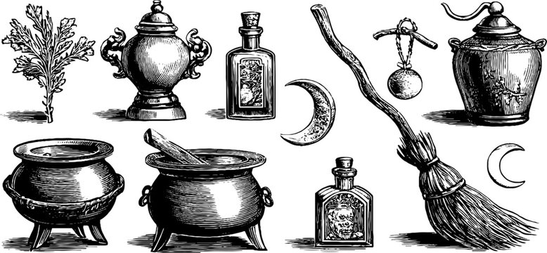 Vintage engraved witchcraft herbs and potion clipart sheet with cauldrons broom bottles and crescent moons for occult label design