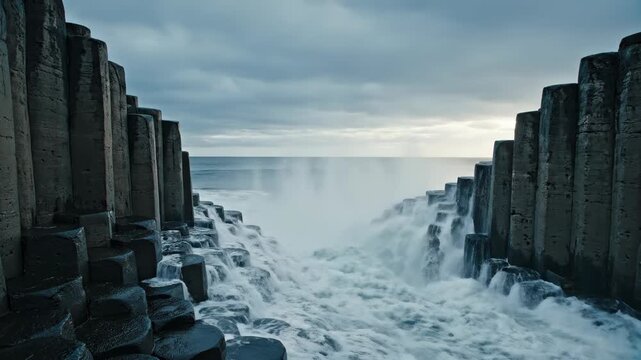 Dramatic Ocean Waves Crash Against Giants Causeway Basalt Columns.