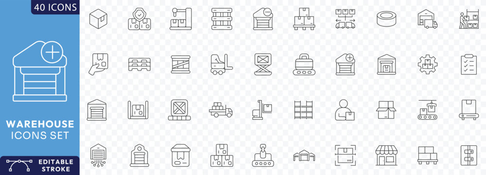 Warehouse icon set. containing  logistics, storage, inventory, distribution, warehouse management, supply chain, goods Etc . Fully Editable. Vector illustration. Editable stroke