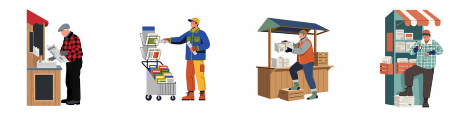 Set of illustrations depicting men working at newspaper stands and kiosks, selling papers, and organizing journals in a flat cartoon style. © Reno