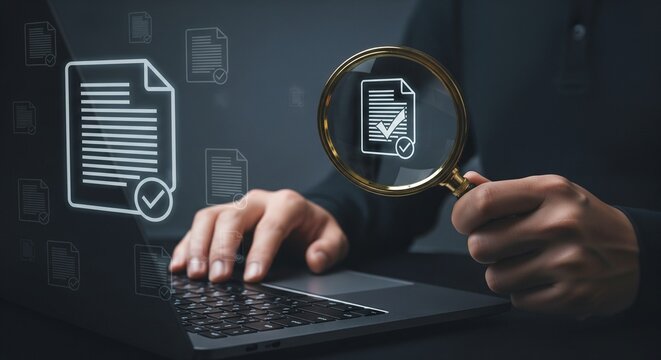 Document review with magnifying glass and laptop, concept of audit and verification