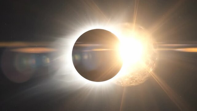 Glowing solar eclipse with radiant corona, dramatic celestial event, astronomy concept, dark cosmic background, powerful light halo, crisp realistic space detail, no logos