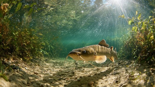 Majestic freshwater catfish swimming gracefully in its natural habitat beneath soft light