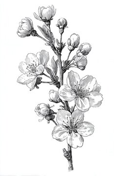 Cherry blossom branch engraving sketch delicate sakura flowers botanical illustration isolated