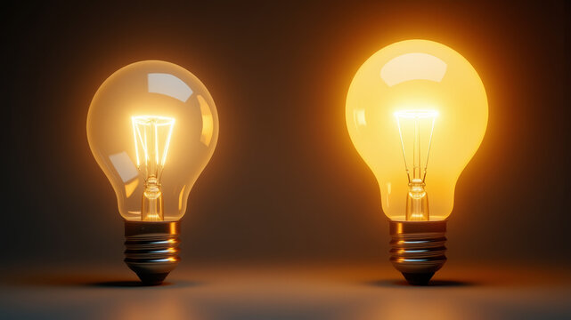 Two glowing light bulbs in warm dark studio composition representing bright ideas innovation and energy concept with clean visual display