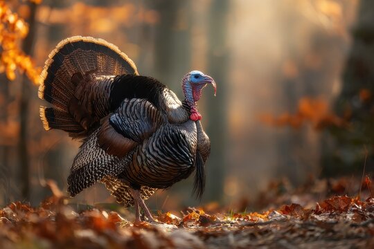 Male wild turkey calling at dawn in a golden autumn woodland