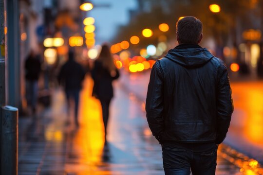 Man walking away on a city sidewalk as a woman lingers behind, unseen by him