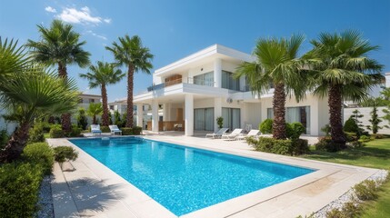 Fototapeta premium Modern luxury villa with pool and palm trees under blue sky sunny summer resort home scene view calm