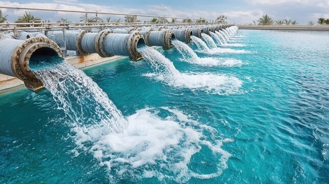 Industrial water pipes discharging clear blue water into treatment basin under bright sky environment